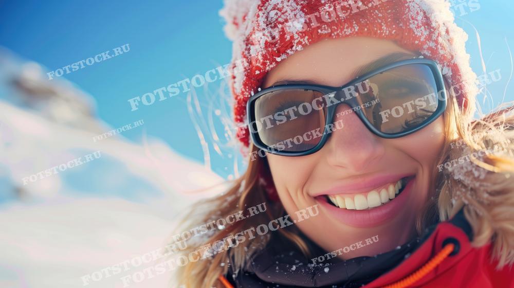 На фотографии изображена молодая женщина в красной шапке и солнцезащитных очках, которая улыбается на фоне зимнего пейзажа. Снег покрывает её волосы и одежду, что подчеркивает холодную погоду. Это изображение символизирует радость от активного отдыха на свежем воздухе зимой.